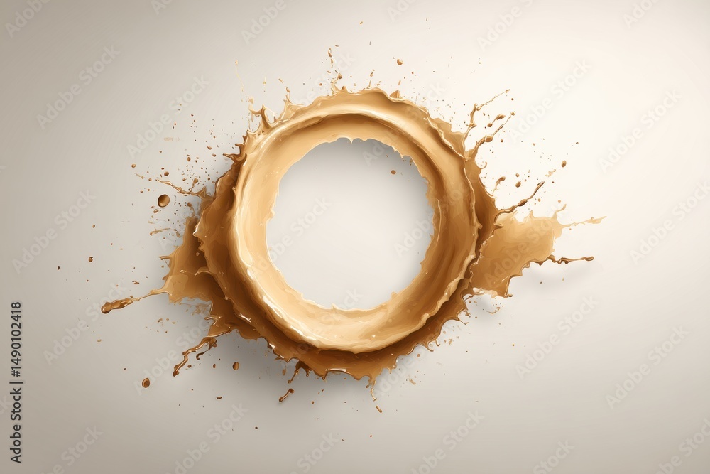 Poster a dynamic circular splash of creamy coffee or latte liquid, creating a vibrant ring shape against a 