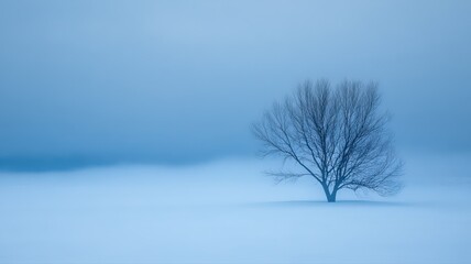 Solitary Tree in a Snowy Landscape Under Soft Light Clouds and Tranquil Atmosphere