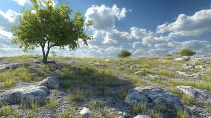 Obraz premium Lone tree hill, sunny day, clouds, rocks, landscape, nature background, website