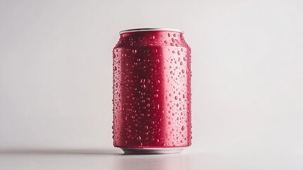 Red aluminum soda can with condensation drops cool refreshing drink cold water white image fizzy