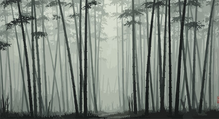 A serene depiction of a dense bamboo forest shrouded in morning mist. The tall stalks are drawn with elegant vertical brush strokes, conveying calm and quiet growth.
