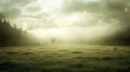 Fototapeta premium Solitary Tree in a Vast Green Field Under a Gentle Cloudy Sky
