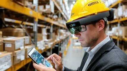 Warehouse worker in augmented reality: An employee uses augmented reality glasses and a tablet to streamline warehouse operations. The worker, focused on their task, embodies the future of logistics. - Powered by Adobe