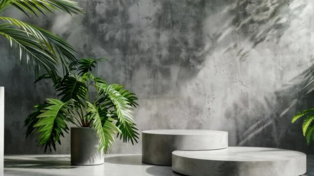 A concrete structure with two round pedestals and a large potted plant in the foreground. The structure is empty and the plant is the only living thing in the scene