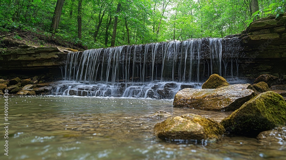 Poster forest waterfall cascading over rocks into clear stream