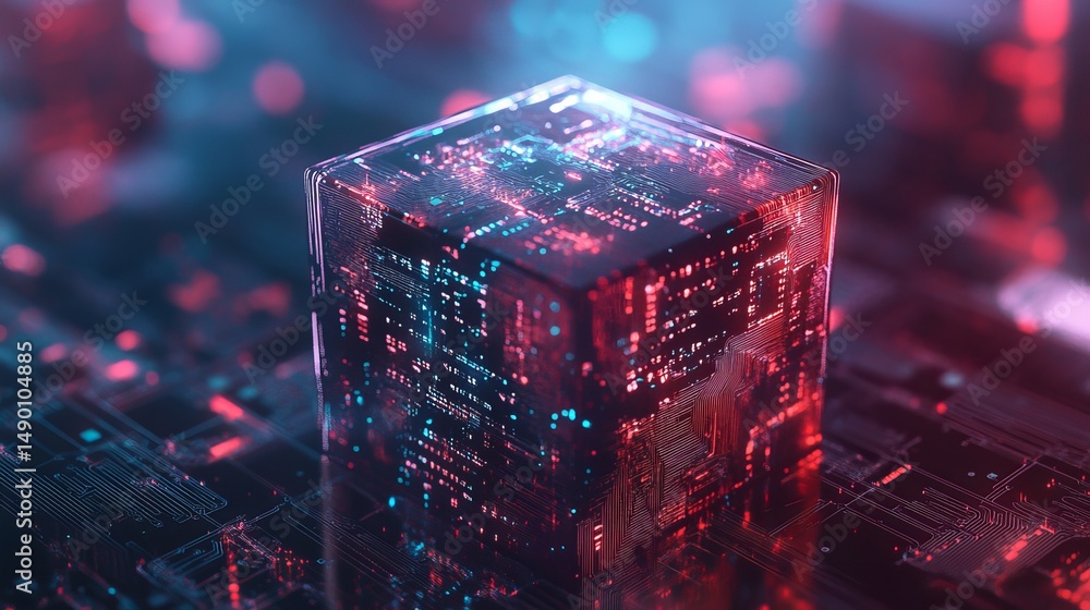 Poster abstract digital cube neon red blue circuit technology data 3d chip dark light power future system