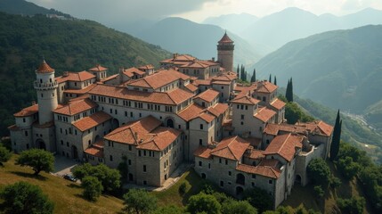 Obraz premium Cloudy forest canopy of Hayedo de Montejo seen from above, with lush trees forming a dense, textured landscape.