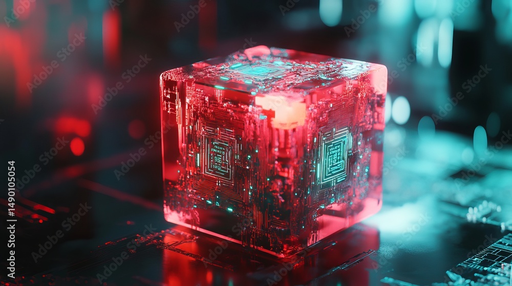 Aufkleber abstract futuristic red cube technology digital circuitry design 3d art glow neon data chip power