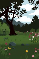 Serene forest landscape with wildflowers and distant mountains under a cloudy
