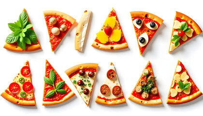 Assortment of pizza slices featuring diverse toppings, a colorful and appetizing culinary image.