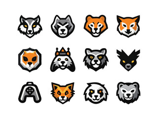 Set of Gaming Animal Logos, wolf logo, tiger logo, fox logo, panther logo, raccoon logo, lynx logo, gamer controller icon, wild animal face icon, – Flat Vector Mascot Icons with White Background