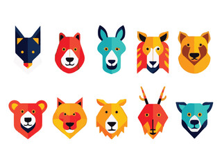 Set of Geometric Animal Head Icons – Colorful Low Poly Style Vector Illustrations
