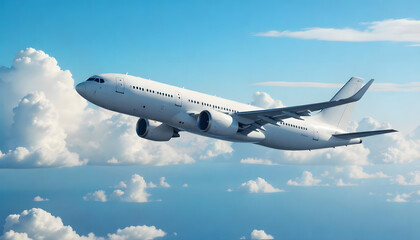 A passenger airplane soaring high above the clouds on a bright, sunny day in the sky.