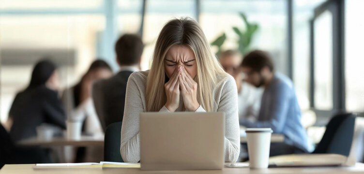 Sick businesswoman coughing at a seminar while colleagues fear the coronavirus and hide.. Generated image