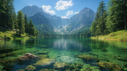 Serene alpine lake nestled amongst towering peaks