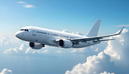 Obraz premium A sleek, white passenger jet gracefully ascends through a bright blue sky with fluffy clouds.