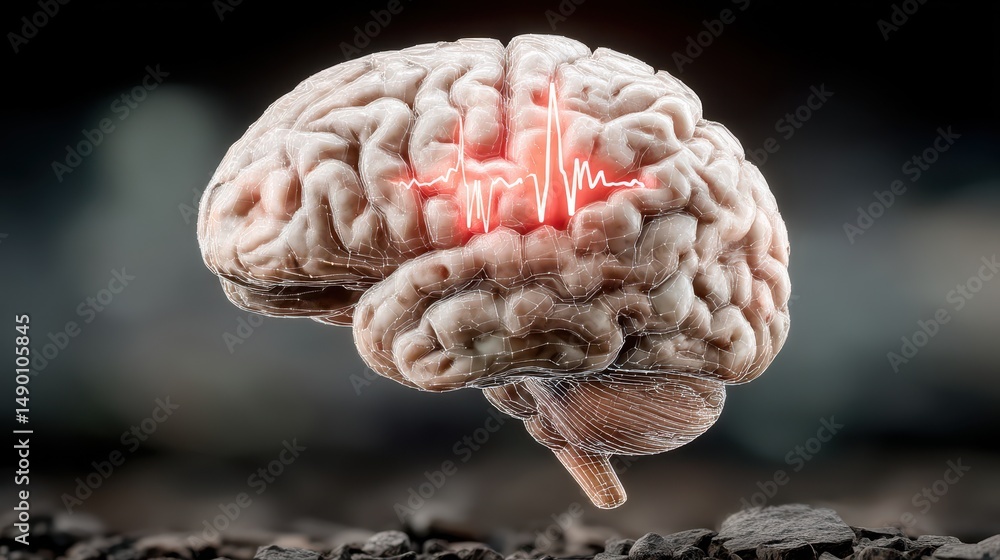 Poster human brain with wireframe and red ecg pattern neurological concept image