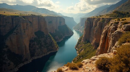 Aerial view of Chera Gorge during a cloudy midday in rugged Spanish terrain.