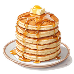 Stack of pancakes topped with maple syrup and melting butter, PNG, isolated on transparent background .