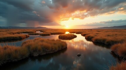 Cloudy dawn over Odiel Marshes with calm wetlands in a panoramic view.