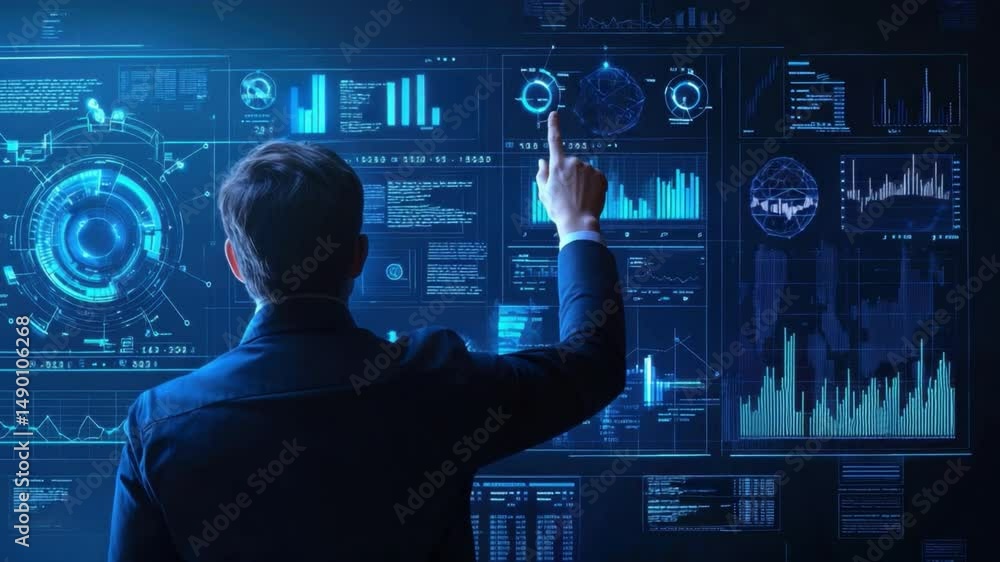 Poster futuristic data analyst interacting with digital interface in a technology-driven environment 4k vid