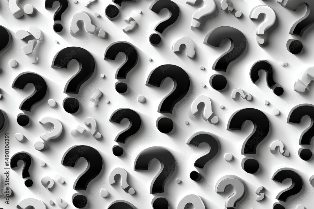 Poster a multitude of black and white question marks arranged in an abstract pattern creating a sense of in