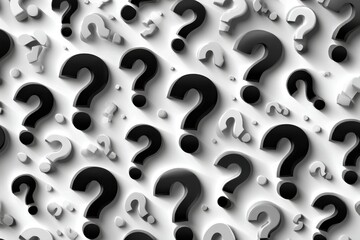 A multitude of black and white question marks arranged in an abstract pattern creating a sense of inquiry and complexity, inviting reflection and deeper thought.