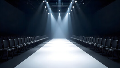 A dramatic fashion runway illuminated by spotlights, awaiting models and the audience.