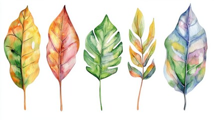 Fototapeta premium This beautiful watercolor illustration features colorful leaves with various shapes and textures, perfect for nature-themed projects, home decor, or creative designs.