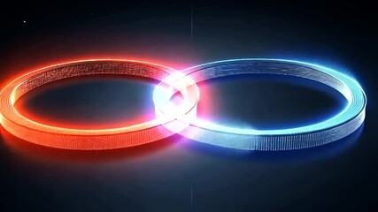Two interlocked rings, red and blue, glow with energy
