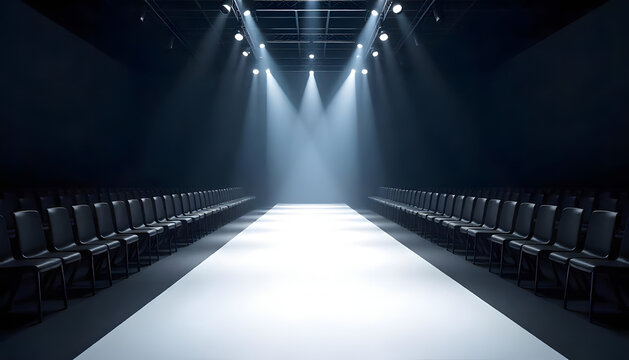 A dramatic fashion runway illuminated by spotlights, awaiting models and the audience. - Powered by Adobe
