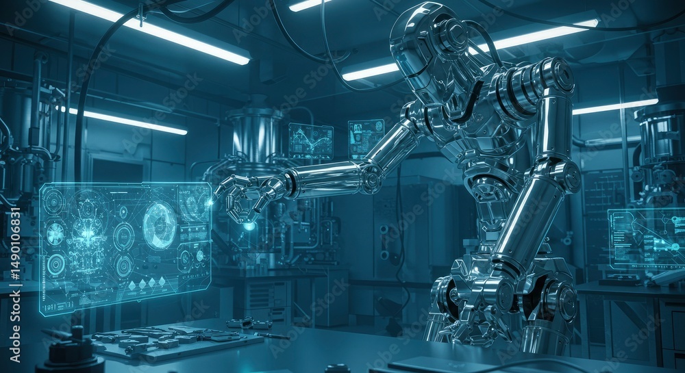 Poster futuristic robot arm interacting with holographic display