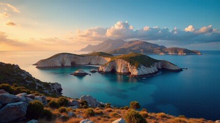 Golden light over Cabrera Archipelago at dawn with clear skies and wide view.