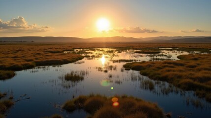Fototapeta premium Sunlit wetland (La Nava) seen from above at dawn, with calm waters and green marshes glowing under the morning sky.