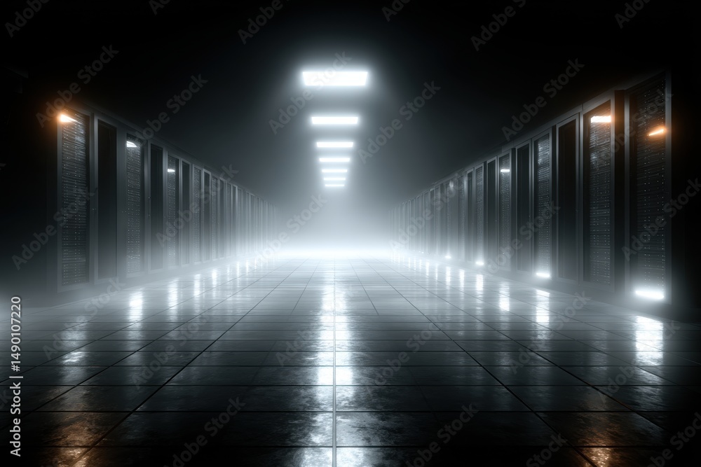 Poster a futuristic server room hallway with glowing lights, reflecting on wet tiled floor, showcasing the 