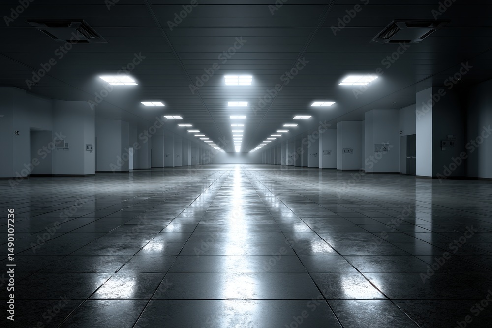Poster a long and empty corridor with lights reflecting on the shiny floor, creating a sense of depth and m