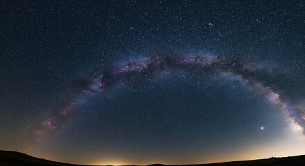 Vast night sky panorama showcasing the Milky Way's arc over a landscape.