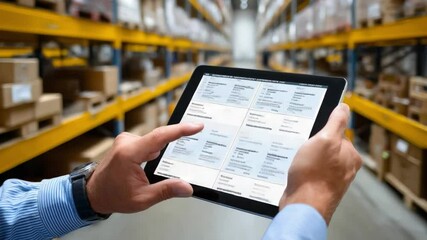Inventory Management on Tablet: A warehouse worker uses a tablet to manage inventory, showcasing modern technology in logistics and supply chain.   - Powered by Adobe