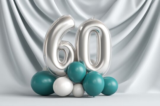 Elegant 60th anniversary celebration with silver balloons and stylish teal and white decorations creating a sophisticated atmosphere for a milestone birthday.