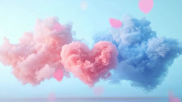 A cloud of pink and blue smoke with two hearts in the middle. Concept of love and affection