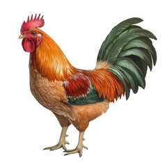 Vibrant Rooster with Colorful Feathers Displaying Bright Red Comb and Glossy Plumage in a Captivating Farmyard Setting