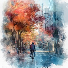 Obraz premium Autumnal City Street Scene Cyclist Riding Amidst Vibrant Red And Orange Trees