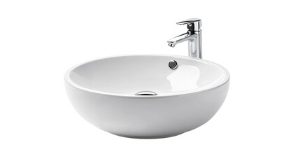 Fototapeta premium A white, round bathroom sink with an open top and a chrome faucet on the side, cut out