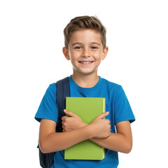 Smiling Schoolboy Holding Book Backpack Isolated on Transparent Background