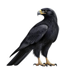 Majestic Black Falcon Standing Proudly with Sharp Eyes and Sleek Feathers Against a Transparent Background for Nature Photography