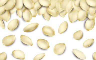Pumpkin seeds background in a realistic style. Organic food texture, perfect for packaging, advertising and web design. Topics: healthy eating, gardening