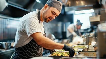 A dedicated chef concentrates while preparing fresh ingredients in a bustling kitchen environment, showcasing professional cooking techniques and culinary artistry.