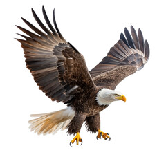 Majestic Bald Eagle in Flight Showing Powerful Wingspan Against Blue Sky with Clouds and Greenery in Background, Capturing Nature's Beauty and Strength