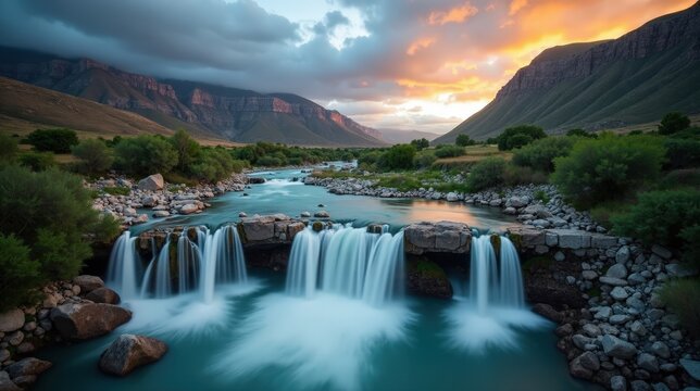 Urederra River Falls cascade through misty rocks at dawn, viewed from above with moody clouds overhead.