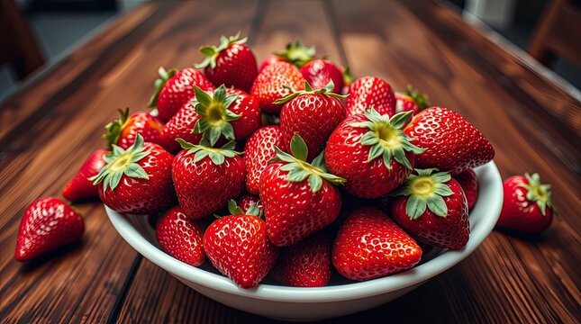 A bowl overflowing with vibrant red strawberries on a rustic wooden surface creating a delicious scene